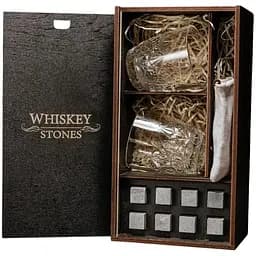 Подарочный набор Whiskey Stones камни для виски в деревянном пенале 8 шт. + 2 стакана Bormioli Rocco Dedalo + щипцы + мешочек