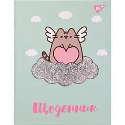 Щоденник шкільний Yes твердий Pusheen софт-тач, об'ємній бейдж із срібним глітером (911468)
