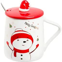 Новогодняя чашка с крышкой и ложкой С Рождеством Снеговик керамика 360 мл Белая с красным