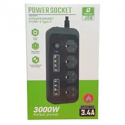 Мережевий подовжувач фільтр чорний на 4 розетки та 6 USB 3.4A та 2 Type-C Power Socket J08 - мініатюра 5