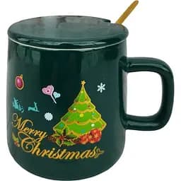 Кружка новогодняя Olens 8030-292-1 Рождественская с крышкой и ложкой керамическая 400 мл Зеленая