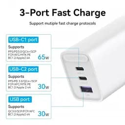 АЗП Vention 3-port USB(C+C+A) GaN Charger(65W/30W/30W) FEDW0-EU - мініатюра 2