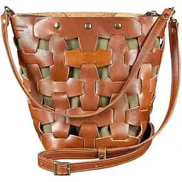 Шкіряна плетена жіноча сумка Пазл M світло-коричнева Krast