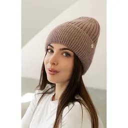 Женская зимняя шапка Бини Ангора с ангорой 80% орнаментом и флисовой подкладкой Светло-коричневый