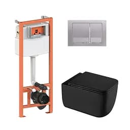 Подвесной унитаз Qtap Gemini Ultra Quiet + инсталляция Qtap Nest 4 в 1 (квадратная клавиша Satin), Черный