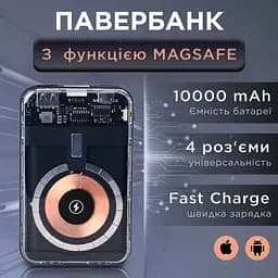 Повербанк 10000 mAh з бездротовою зарядкою USB-С/USB-A/microUSB/Apple Lightning 3 шнури в комплекті Smart X X104
