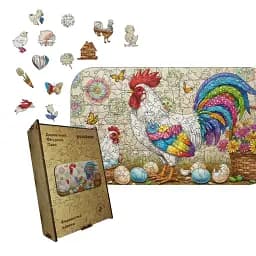 Дерев'яний фігурний пазл Барвистий Півник, А2, Картонна коробка 300+ елементів