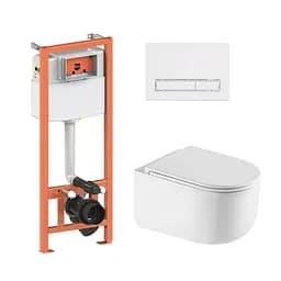 Подвесной унитаз Qtap Taurus Ultra Quiet + инсталляция Qtap Nest 4 в 1 (линейная клавиша White), Белый