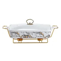 Настольная мармитница 2 литра мармит прямоугольный керамический 40х23х11 см на подставке Мрамор Yiwu HP1033