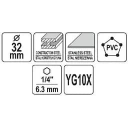 Свердло коронка по металу TCT Yato Ø32x103 мм товщина до 25 мм з напрямним 6-гранний хвіст 1/4 (YT-44059) - мініатюра 3
