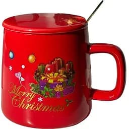 Кружка новогодняя Olens 8030-292-3 Рождественская с крышкой и ложкой керамическая 400 мл Красная
