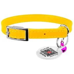 Ошейник для кошек Waudog Glamour, кожаный, с эластичной вставкой, с QR паспортом, 17-20х0,9 см, желтый