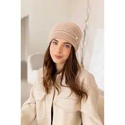 Женская зимняя шапка Валенсия из ангоры 80% с двойной вязкой с брошкой Бежевый