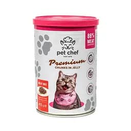 Корм влажный для взрослых кошек Pet Chef, кусочки в желе Мясной микс 415 г