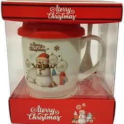 Новогодняя чашка Gee! Снеговик с шарами 350 мл с силиконовой крышкой и ложкой в ​​коробке белая kr-2025-3 (2414759733)