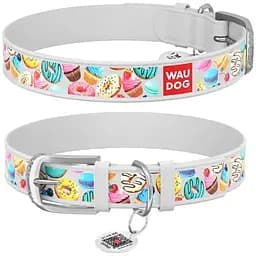 Ошейник для собак Waudog Design кожаный с QR паспортом, рисунок Пончики, M, Ш 20 мм, Дл 30-39 см
