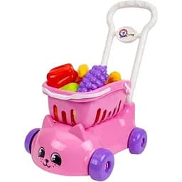 Детская игрушечная тележка для супермаркета с продуктами, розового цвета