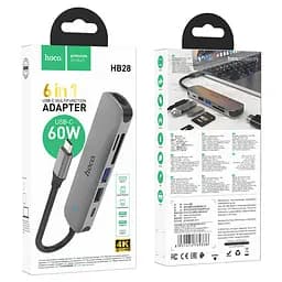 Мульти адаптер хаб Hoco HB28 6в1 Type-C to USB 3.0 F / USB 2.0 F / HDMI F / Type-C F / SD / TF PD 100W 0.135 м сірий - мініатюра 6