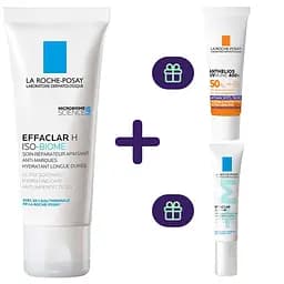 Набор La Roche-Posay: успокаивающий восстанавливающий увлажняющий крем Effaclar H Iso-Biome 40 мл + корректирующее средство Effaclar Duo+M 15 мл + солнцезащитный корректирующий флюид против гиперпигментации кожи, очень высокий уровень защиты от UVB SPF50+ 3 мл