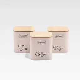 Набір металевих ємностей Maestro MR-1775-3S-IVORY з бамбуковою кришкою для чаю кави та цукру 3шт