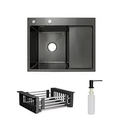 Кухонна мийка Lidz Handmade H6350BR інтегрована крило зправа BlackPVD у комплекті з дозатором та корзиною, Чорний