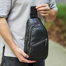 Чоловіча нагрудна сумка бананка зі шкіри на плечі 31х17х9 Tiding Bag 79906 чорна 17 см - мініатюра 1