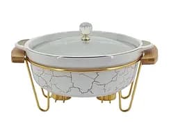 Мармит круглый 2 литра настольный с 2 подогревами для блюд керамический на металлической подставке с крышкой Белый с золотым