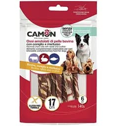 Ласощі для собак Сamon Рулетики з яловичої шкіри обмотані кроликом та тріскою 140г