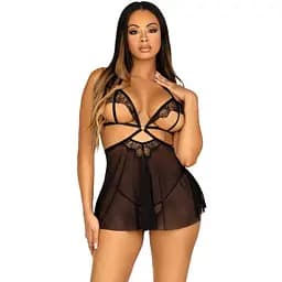 Пеньюар Leg Avenue Lace and mesh babydoll & panty Black M