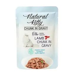 Вологий корм для котів Natural Kitty у вигляді шматочків курки та тунця з легенями ягняти у соусі 85 г