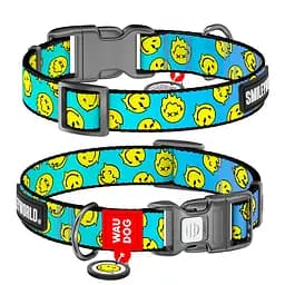 Ошейник для собак нейлоновый Waudog Nylon с QR-паспортом "Смайлики на голубом" пластиковый фастекс XL Ш 25 мм Дл