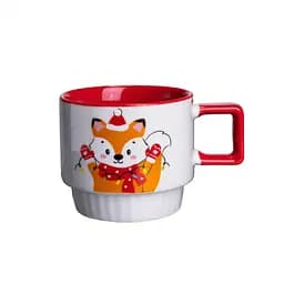 Новорічна порцелянова чашка для чаю та кави з Новорічним лисом 400 мл Білий з червоним Yiwu FM-CS-50L