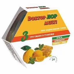 Льодяники Доктор ЛОР Multi три смаки: лимон та мед, м'ята, апельсин 24 пастилки