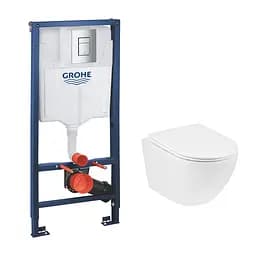 Комплект 4 в 1: Инсталляция Grohe Rapid SL 3 в 1 38772001 + Унитаз безободочный Kroner Harz WHI523632 RIMLESS с сиденьем Slim Duroplast / Soft-close / Quick relase KH523632WHIR (3877200