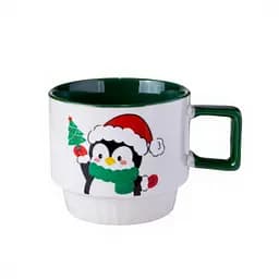 Новорічна порцелянова чашка для чаю та кави Пінгвін 400 мл Білий з зеленим Yiwu FM-CS-50P