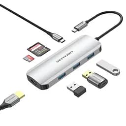 Хаб USB 7-in-1 Grey Type-C 3.2 - 1xType-C (100 Вт) / 3xUSB 3.0 / HDMI 4K / microSD / SD Vention teh0019597 - мініатюра 2