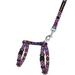 Шлея для котів та собак дрібних порід BronzeDog Urban Гуцульська з нашивкою та повідцем XXS 15-23 см фіолетова