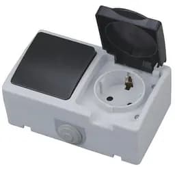 Розетка Horoz Electric Atom, 1-на накладна із заземленням, з кришкою, з 1-м вимикачем, чорно-сіра