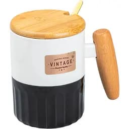 Чашка керамическая Happy Life Vintage с бамбуковой крышкой и ложкой черная с белым 400 мл HP7204B