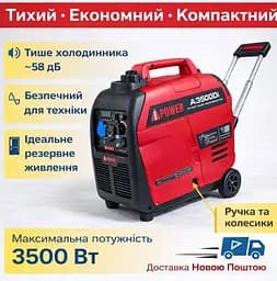 Інверторний бензиновий генератор iPower A3500DI (3.0/3.5 кВт) з дисплеєм, колесами та ручкою - мініатюра 2
