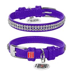 Ошейник для собак кожаный Waudog Glamour с QR-паспортом с украшением "Полотно стразы" XXS Ш 9 мм Д 19-25 см фиолетовый