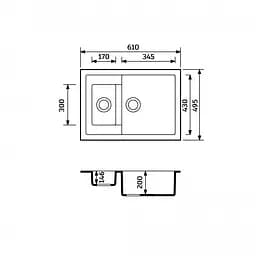 Кухонна мийка Adamant DUPLEX чорний металік 610x495x200 мм, з додатковою чашею 61 см - мініатюра 2