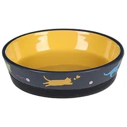 Керамічна миска Flamingo Rani Antislip 320 мл з гумовим нековзним кільцем для котів темно-сіра/жовта