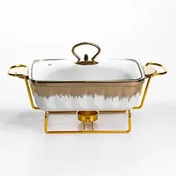 Мармитница фарфоровая Yiwu 1 л прямоугольная на металлической подставке со стеклянной крышкой 31х16х11 см мармит для первых блюд ML789-11