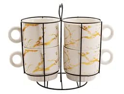 Набір чашок порцелянових на стійці Interos Білий мармур 250 мл 4 шт (676-8)