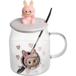 Чашка скляна Yiwu Labubu 600 мл з ложкою і порцеляновою кришкою рожевий Yiwu FM-56B