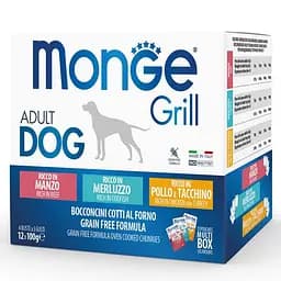 Набір консерв для собак Monge Dog GRILL MIX, мікс 3 смаки:треска urkey з куркою eef 12 шт по 100 гр