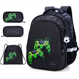 Ортопедичний рюкзак 3 в 1 з пеналом та мішком для хлопчика School Standard 475 гр 17,5 літрів Чорний з зеленим