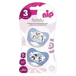 Пустышка Nip Моя семья №3, Зебры и пингвины, 16-32 мес., голубой, 2 шт. (31005)