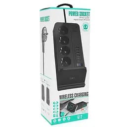 Сетевой фильтр-удлинитель Voltronic G-12, 4 Socket+4 USB 3,2А+2 Type-C +беспроводная зарядка, 2м, Black - мініатюра 5
